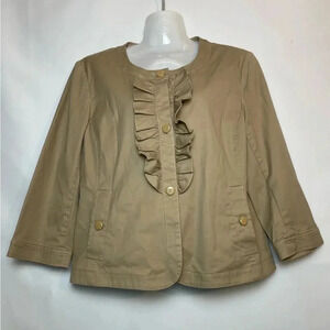 Talbots Khaki Jacket Blazer Tan Ruffle Trim 3 Button 3/4 Sleeve Size 10